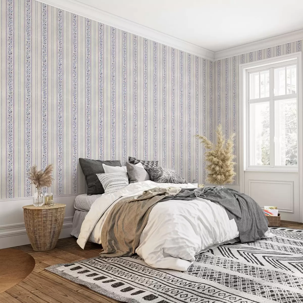 Papier peint Rayures verticales avec guirlandes lavande, fond beige a00813v1