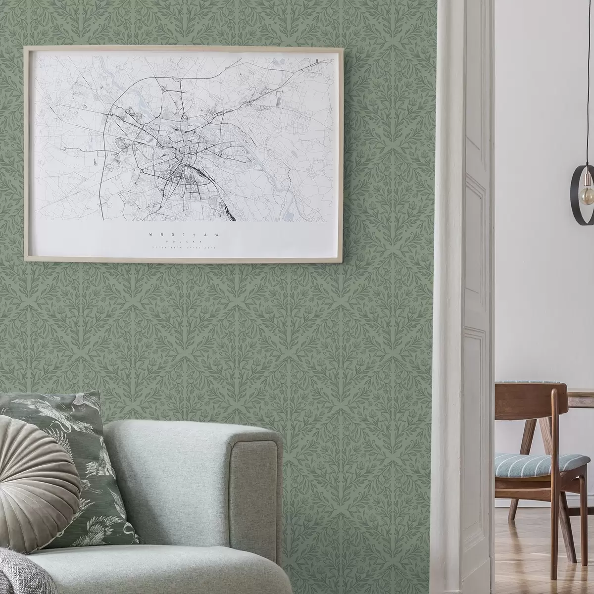 Papier peint Damassé botanique raffiné dans un vert discret a00815v1 Papier peint Damassé botanique raffiné dans un vert discret a00815v1