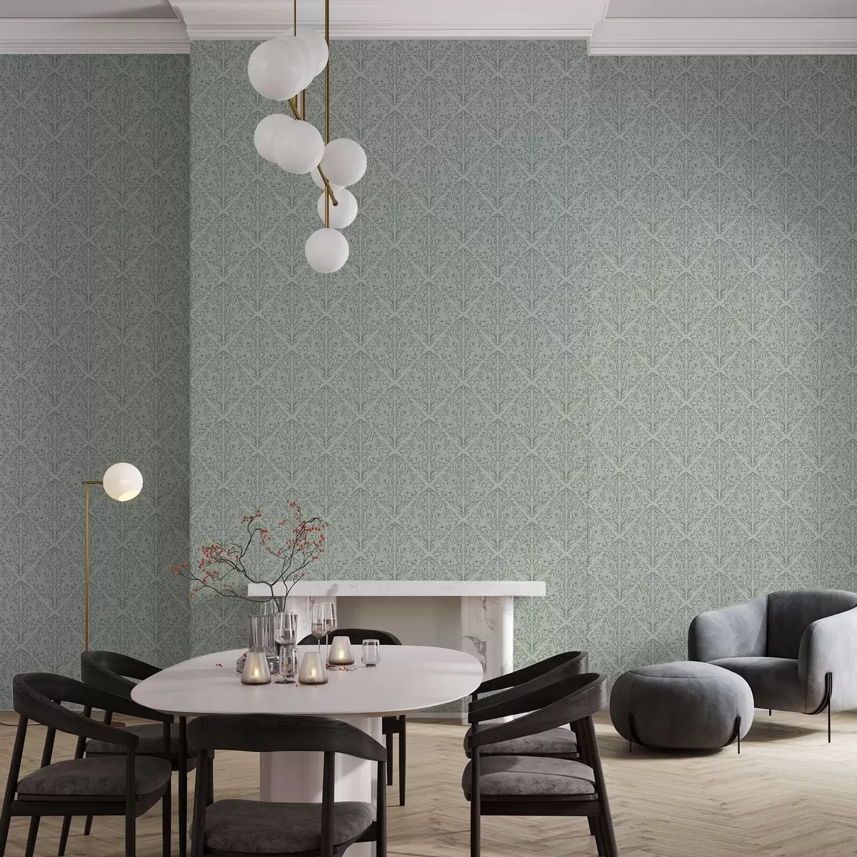 Papier peint Lacy photographie sur fond vert pastel, profondeur douce a00815v3