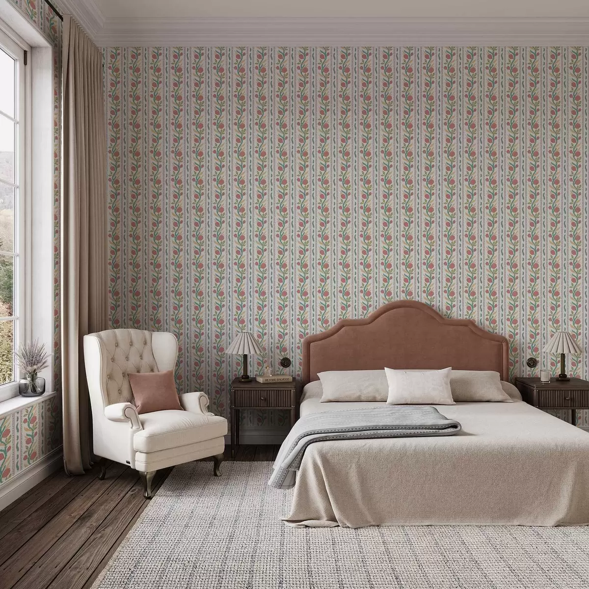 Papier peint Rayures verticales avec fleurs corail et feuilles turquoise a00816