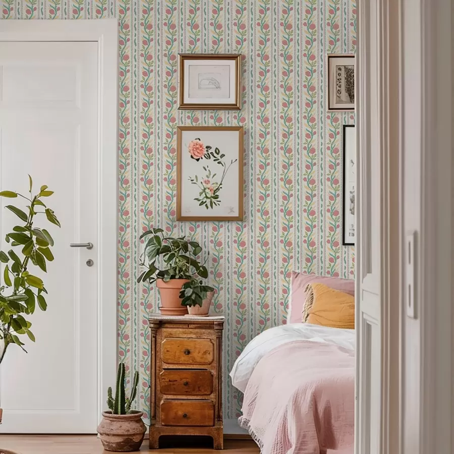 Papier peint Rayures avec des bourgeons de corail sur fond crème clair a00816v1