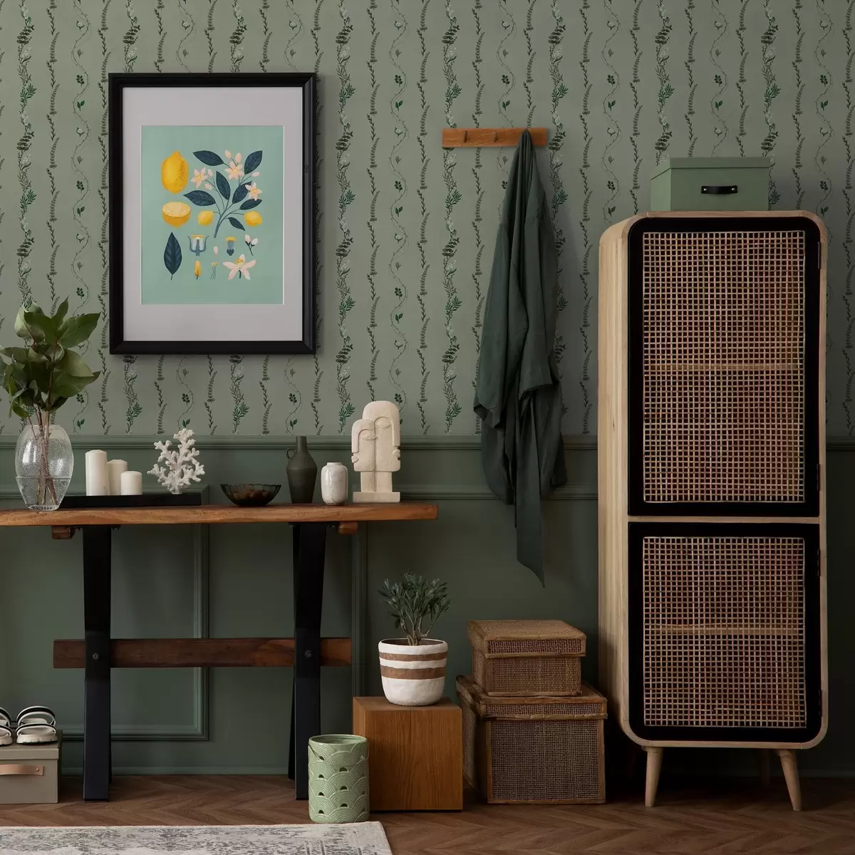 Papier peint Vignes verticales et brins sur fond vert discret a00817v1 Papier peint Vignes verticales et brins sur fond vert discret a00817v1