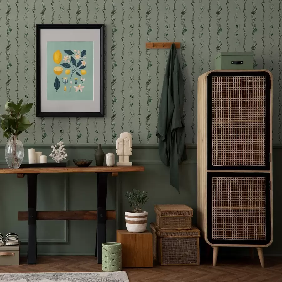 Papier peint Vignes verticales et brins sur fond vert discret a00817v1