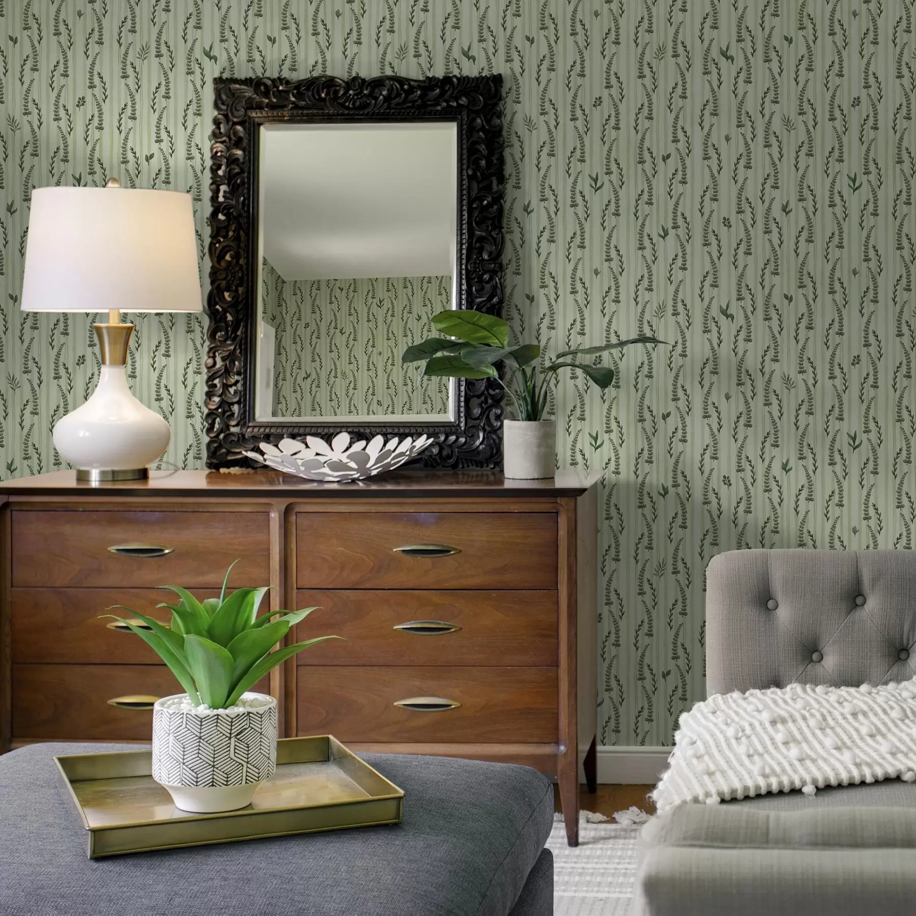 Papier peint Herbes vertes denses et pousses de menthe rayées a00819