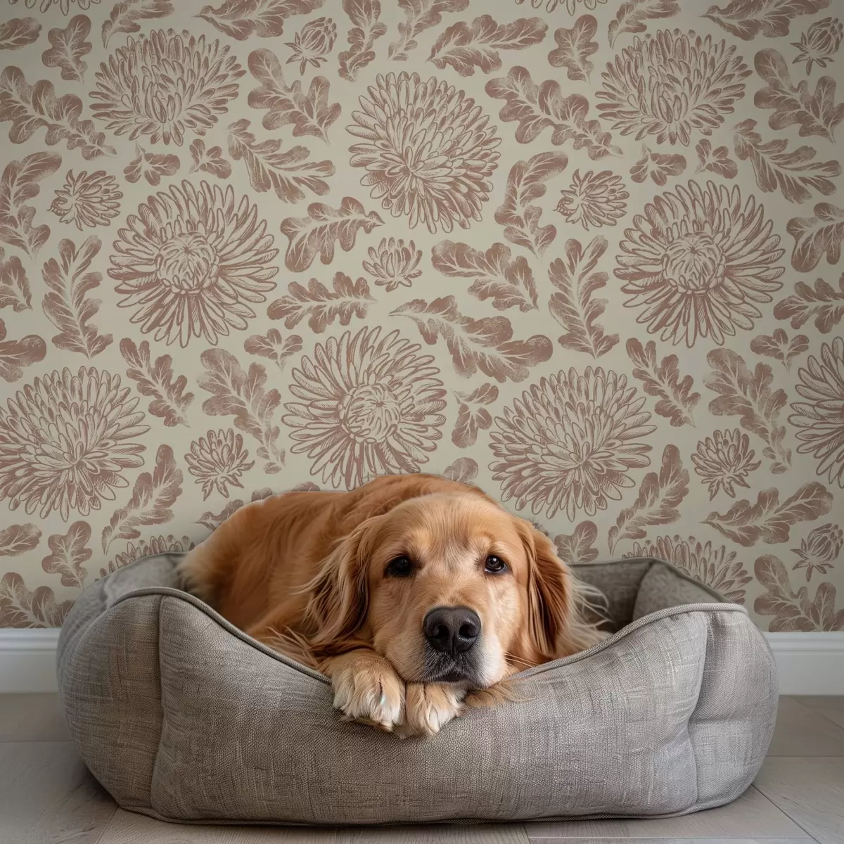 Papier peint Chrysanthèmes et feuilles de chêne dans des tons doux beige-brun a00840