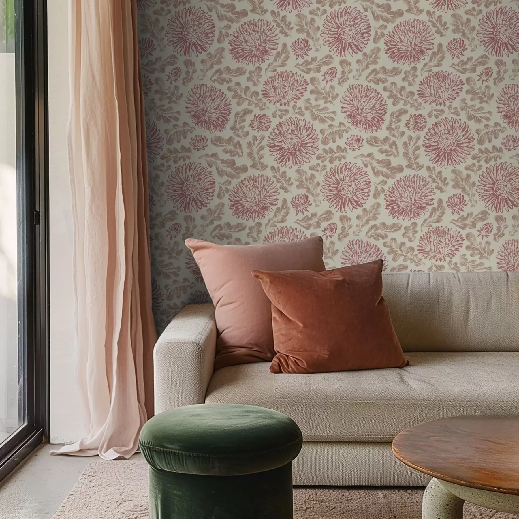 Papier peint Chrysanthèmes avec des accents de vin sur fond crème a00840v1
