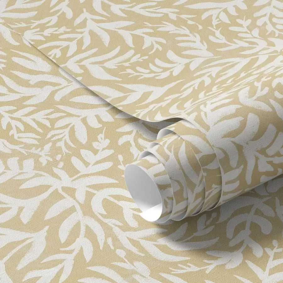 Papier peint Motif de feuilles blanches sur fond ocre chaud, rythme tourbillonnant a00845