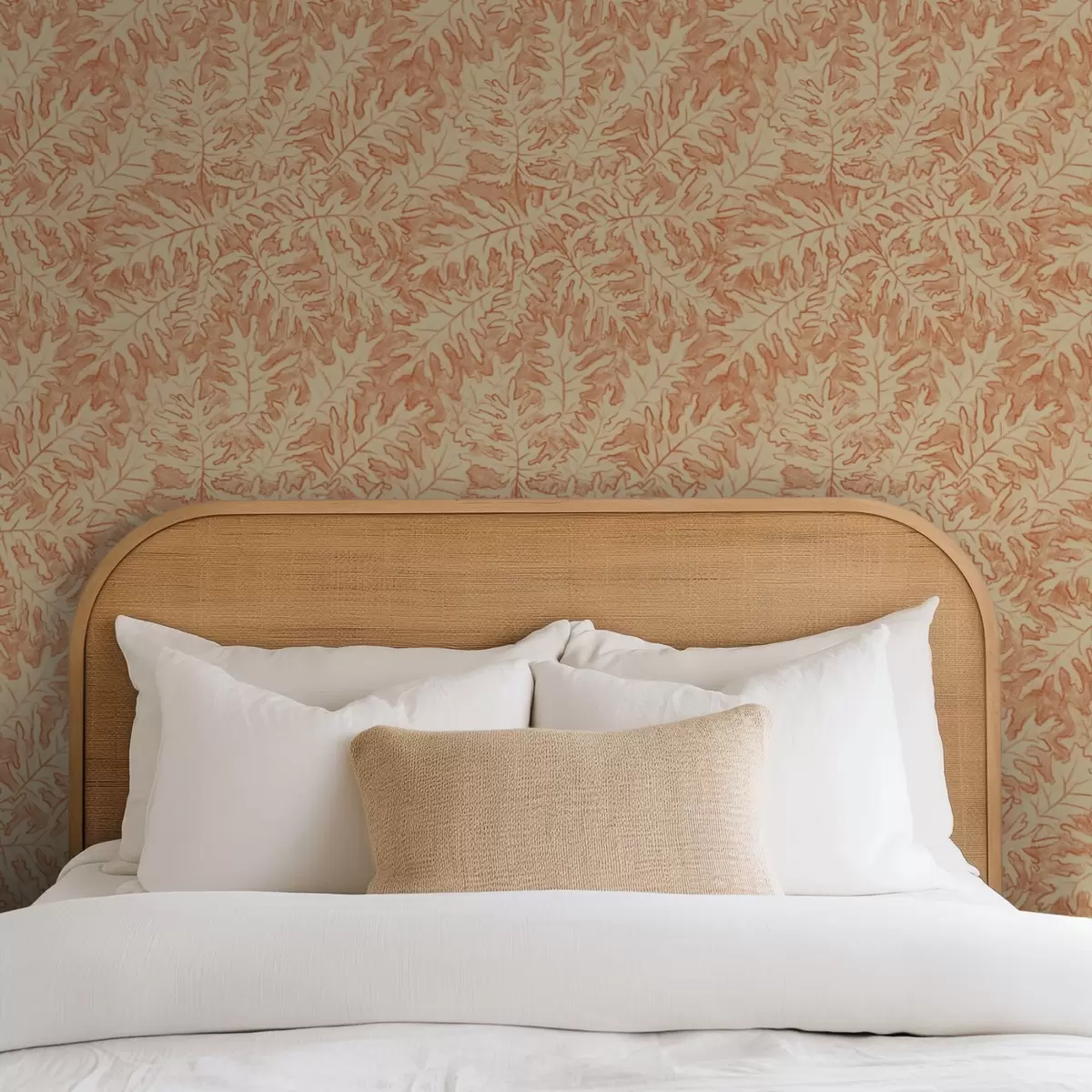 Papier peint Grandes feuilles de chêne en terre cuite sur fond crème a00846