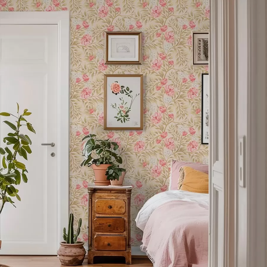 Papier peint Fleurs roses, fleurs blanches et feuillage aux tons ocres a00855