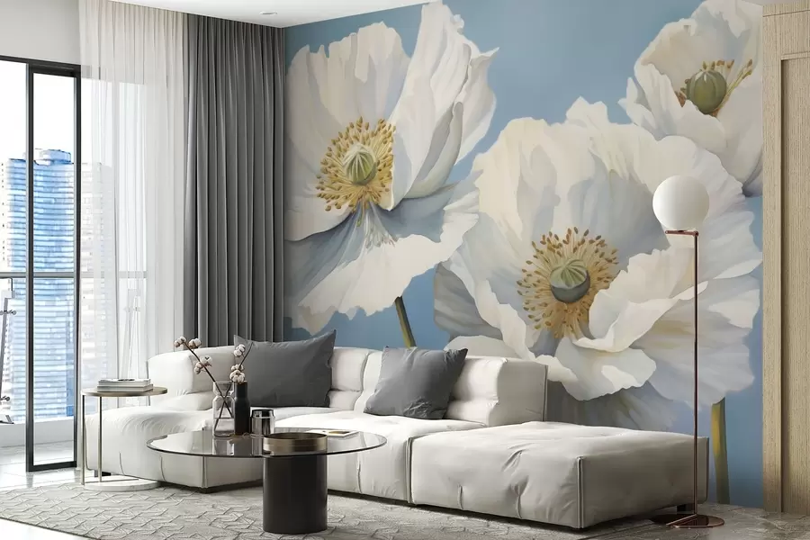 Papier peint Coquelicots blancs à larges pétales sur fond bleu ciel w04786