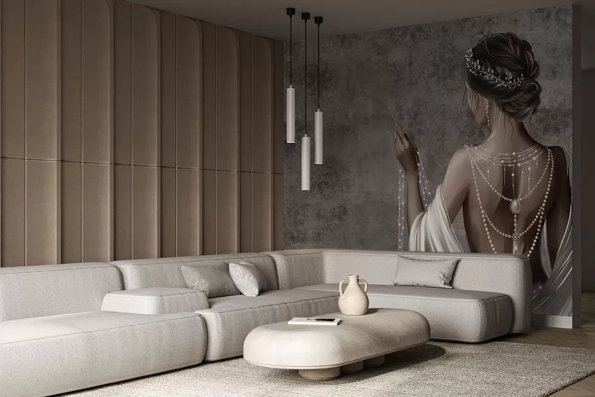 Papier peint Femme vue de dos avec des perles, fond gris à motifs de pierres w04854 buy France - Uwalls.fr Papier peint Femme vue de dos avec des perles, fond gris à motifs de pierres w04854