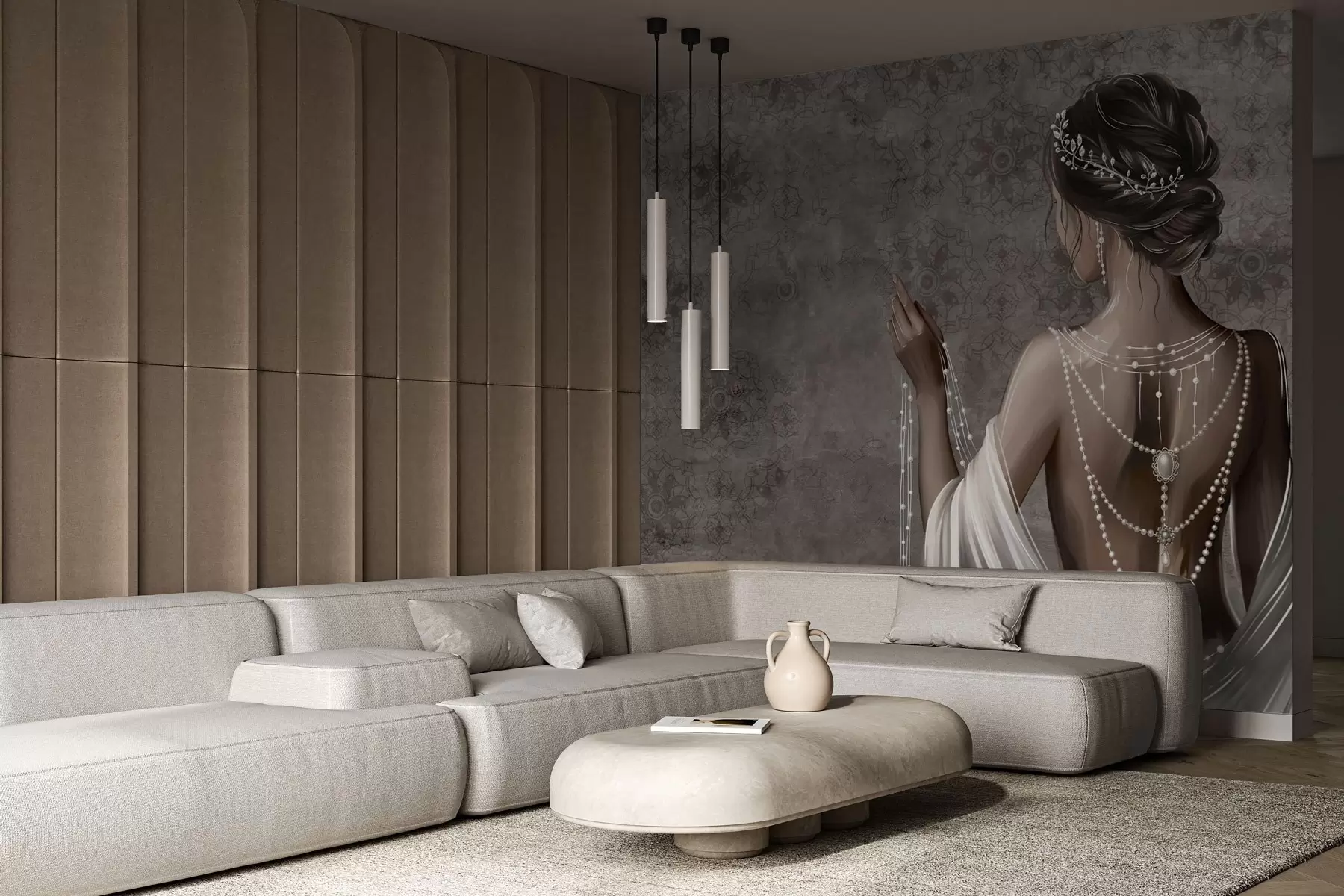 Papier peint Femme vue de dos avec des perles, fond gris à motifs de pierres w04854 buy France - Uwalls.fr Papier peint Femme vue de dos avec des perles, fond gris à motifs de pierres w04854