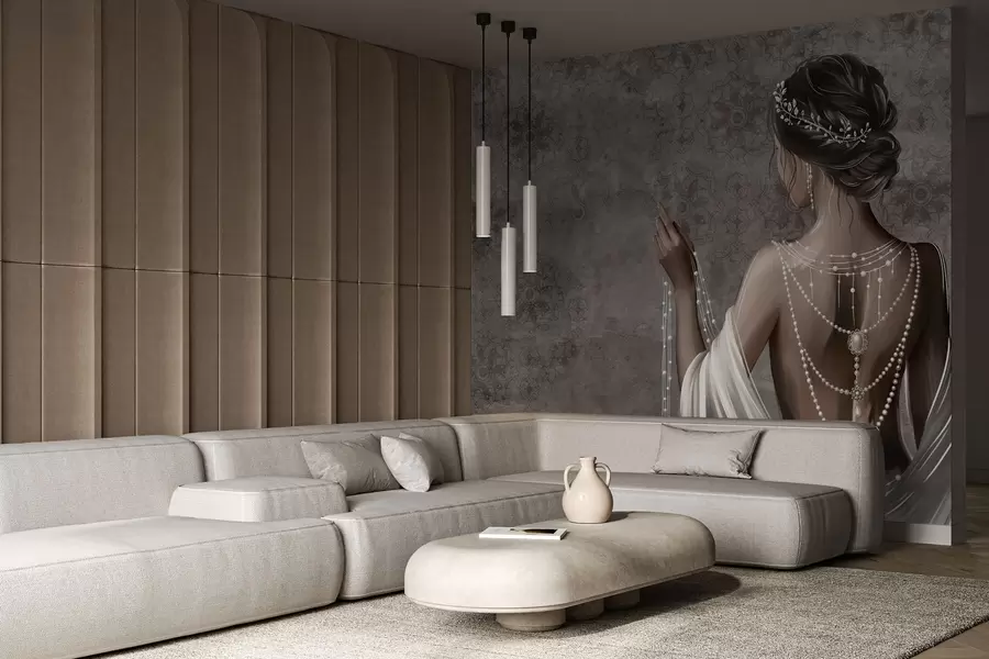 Papier peint Femme vue de dos avec des perles, fond gris à motifs de pierres w04854 buy France - Uwalls.fr Papier peint Femme vue de dos avec des perles, fond gris à motifs de pierres w04854