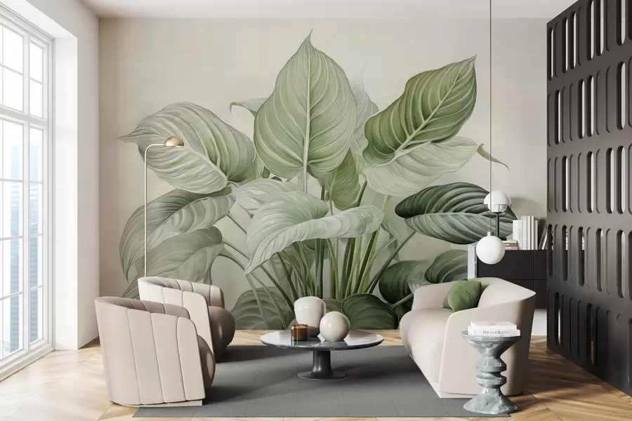 Papier peint Buisson luxuriant de feuilles vertes sur le mur w04835