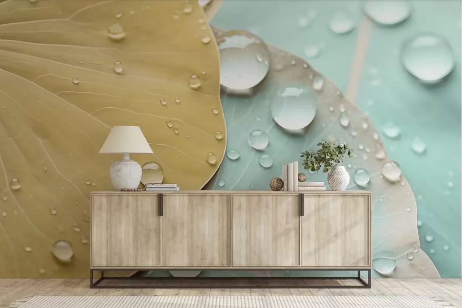 Papier peint Gouttes d'eau sur des feuilles, aquarelle macro w04838v1