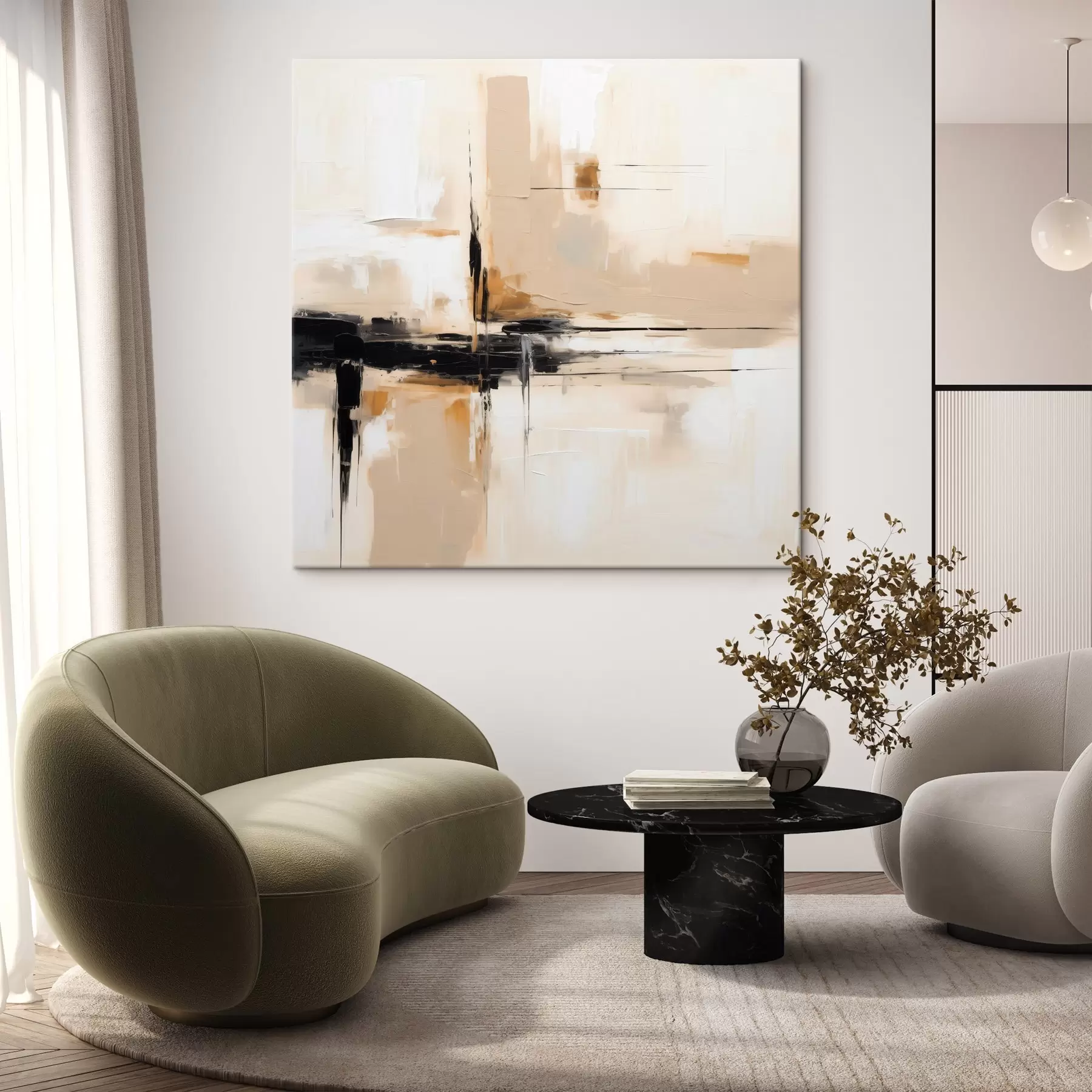 Tableau Beige et noir, abstraction verticale dans un style minimaliste s46326