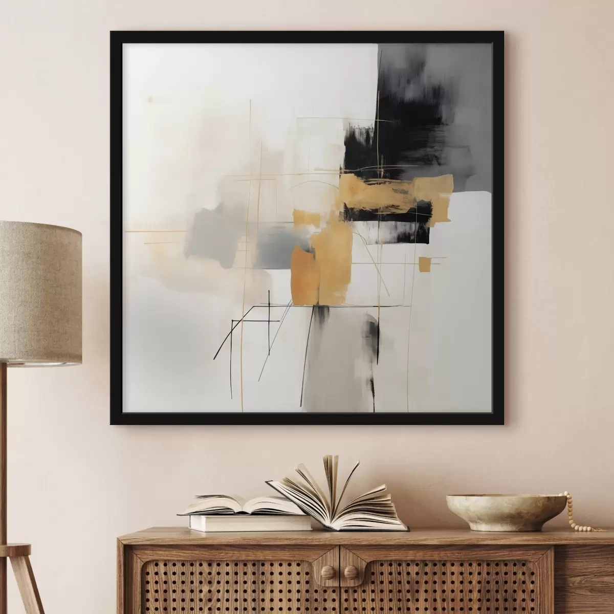Poster Peinture moderne, accents beige, pêche et graphite f46323