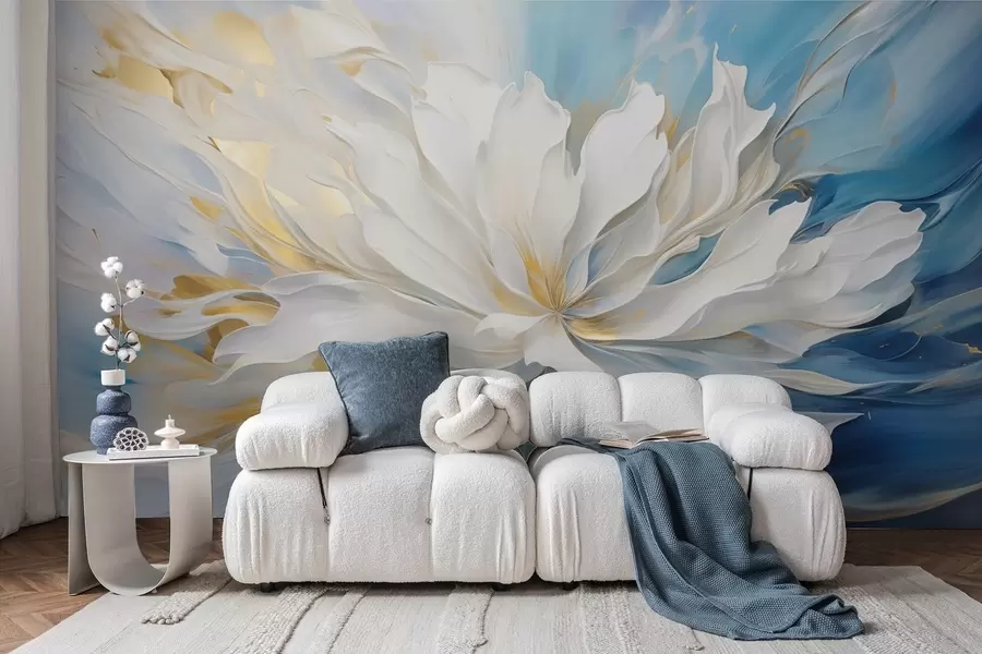 Papier peint Grande pivoine blanche peinte à l'huile sur fond bleu-jaune w09511