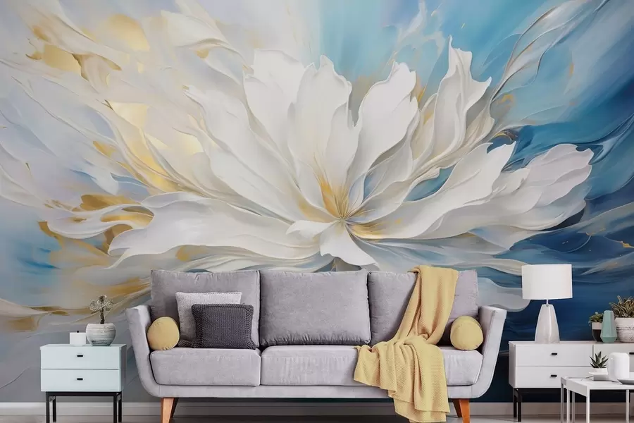 Papier peint Grande pivoine blanche peinte à l'huile sur fond bleu-jaune w09511