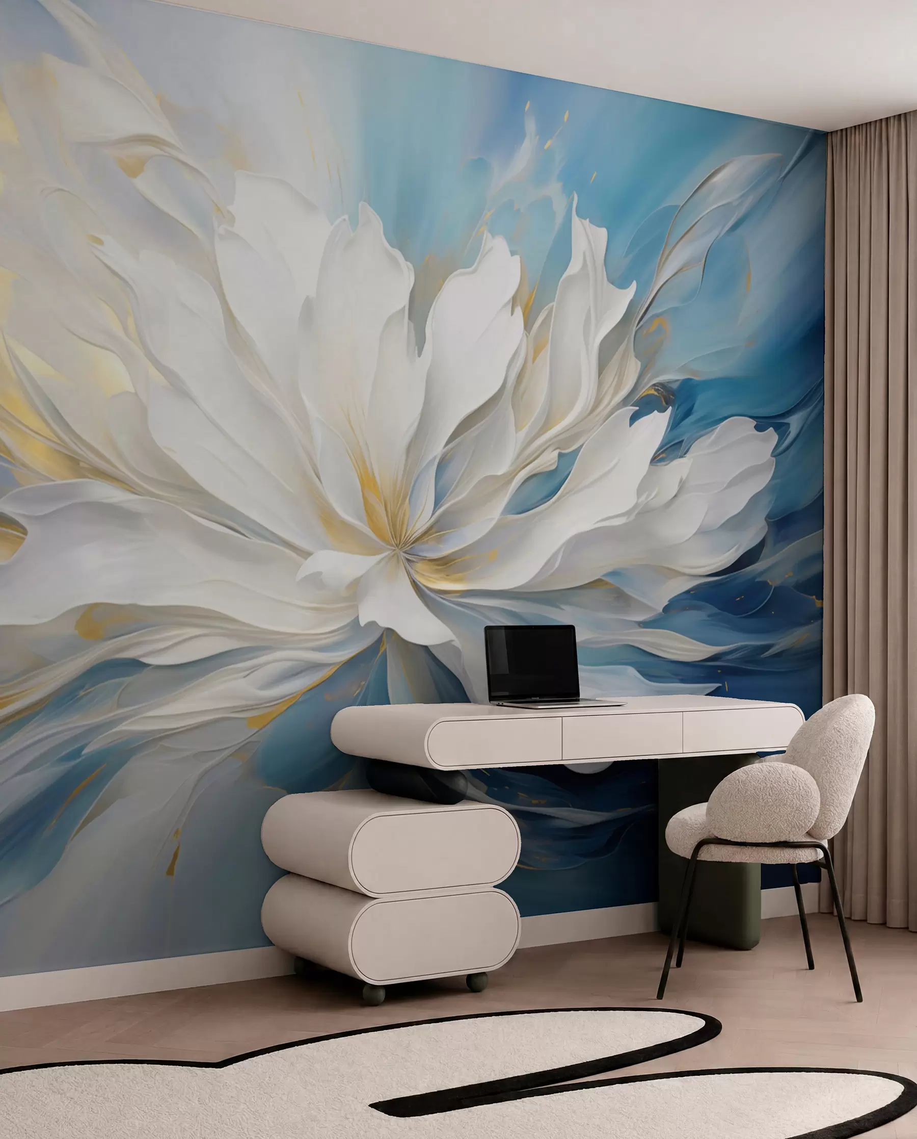 Papier peint Grande pivoine blanche peinte à l'huile sur fond bleu-jaune w09511