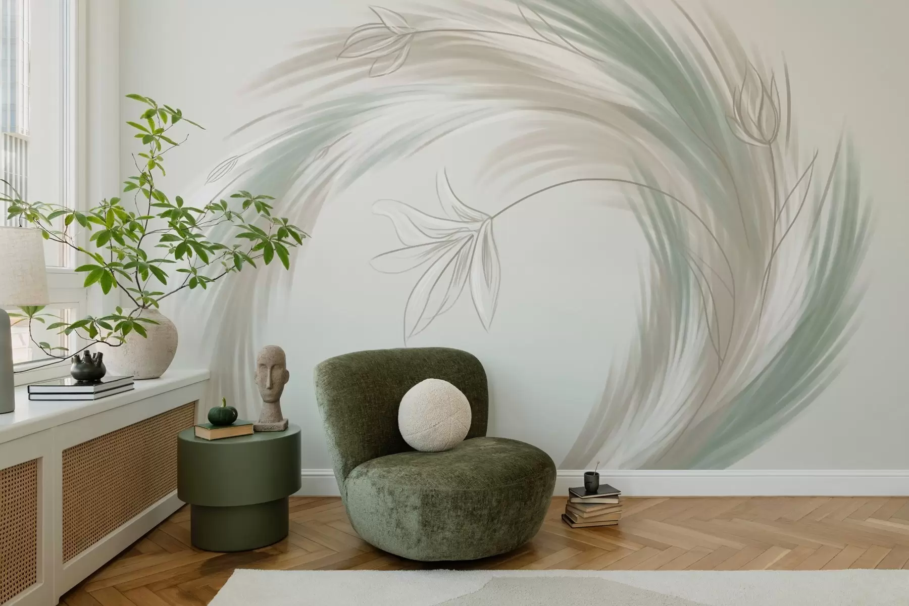 Papier peint plumes et fleurs vertes et beiges, peintes à la main w04816