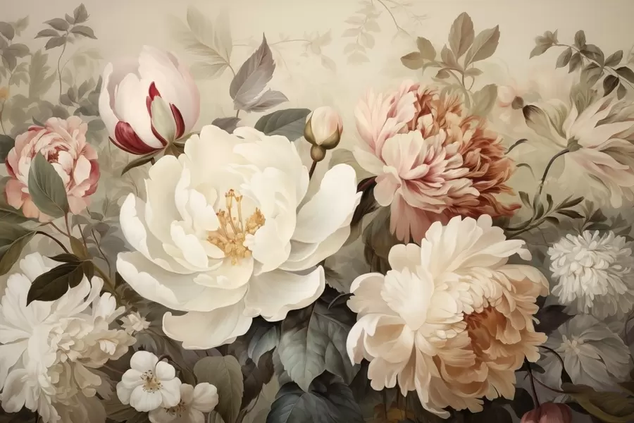 Papier peint Douces pivoines et chrysanthèmes aux teintes pastel w09350