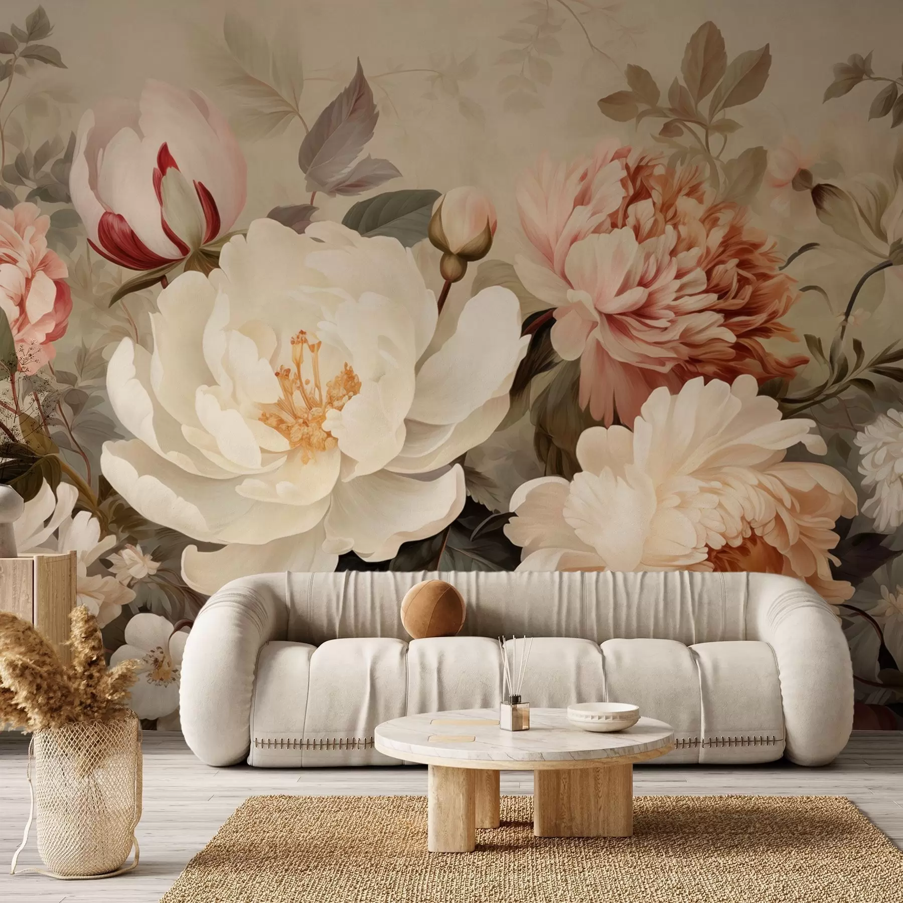 Papier peint Douces pivoines et chrysanthèmes aux teintes pastel w09350