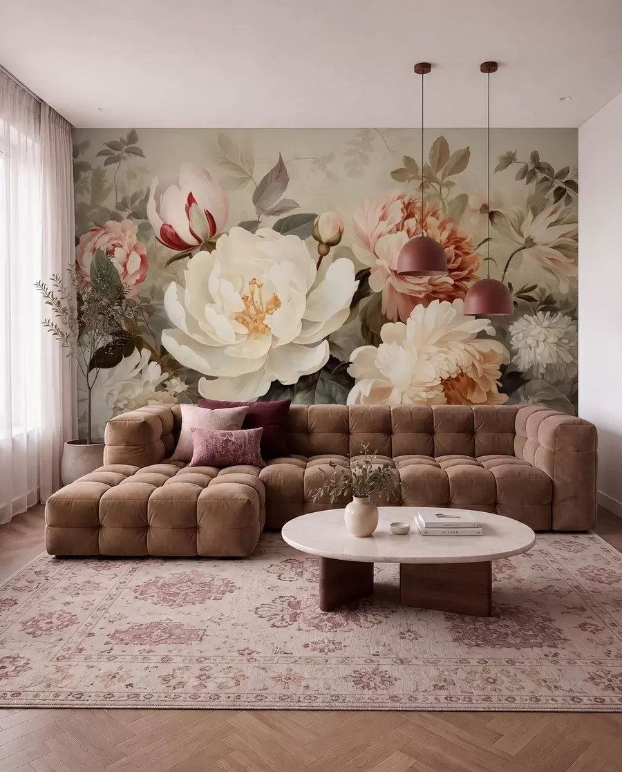 Papier peint Douces pivoines et chrysanthèmes aux teintes pastel w09350
