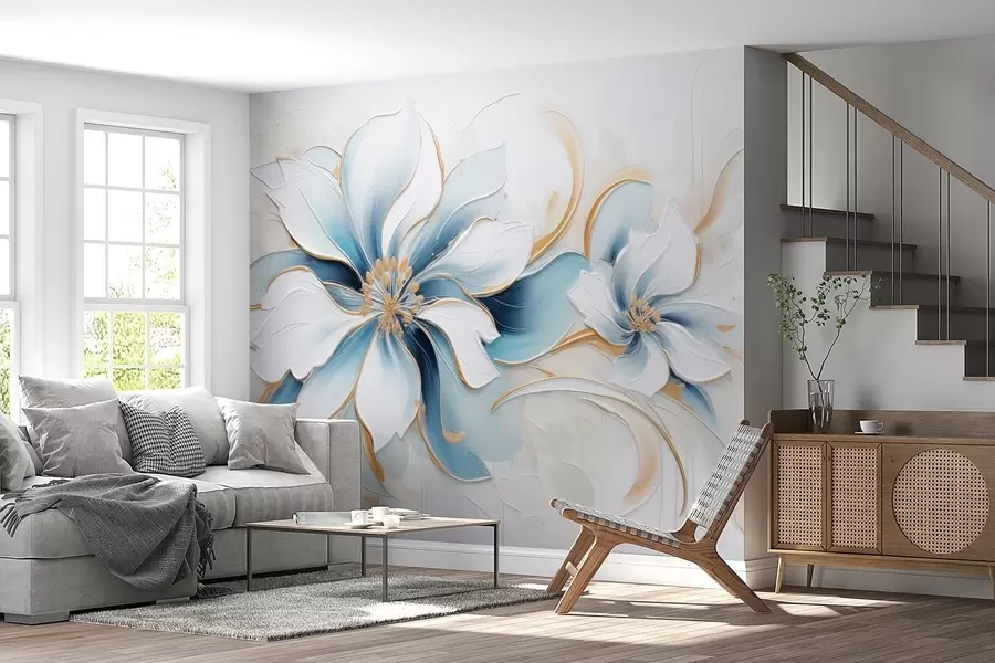 Papier peint Abstraction picturale avec des fleurs bleues dans un style peinture à l'huile w09524