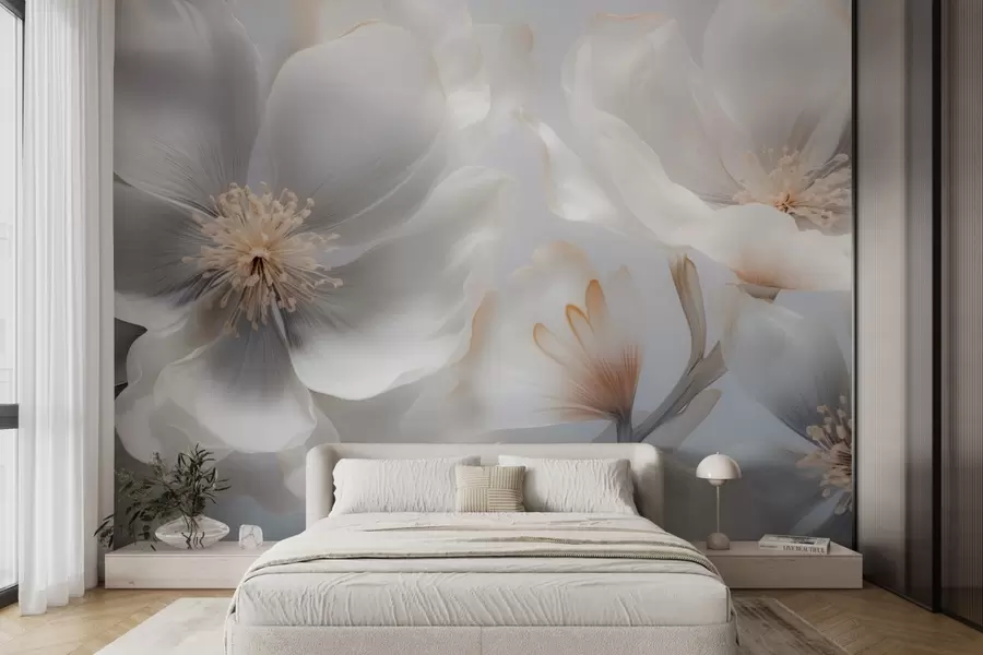 Papier peint Fleurs nacrées dans des tons beige-gris et crème laiteux w09527