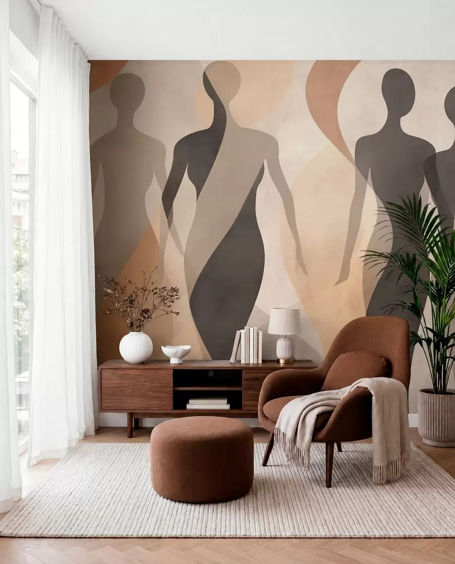 Papier peint Silhouettes et vagues douces dans des tons chauds beige-gris w04787