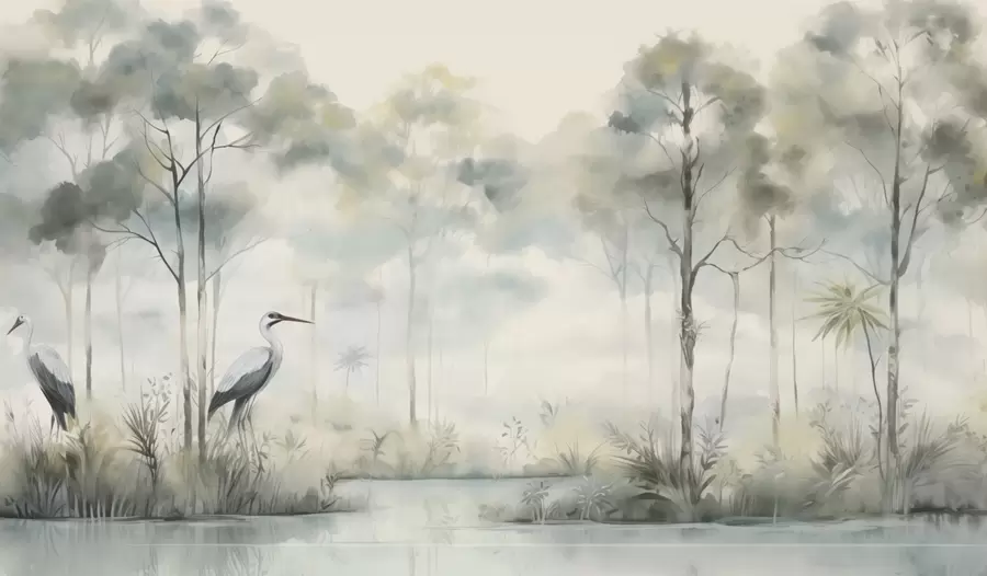 Papier peint Forêt brumeuse au bord de l'eau avec des hérons, palette douce et froide w04788