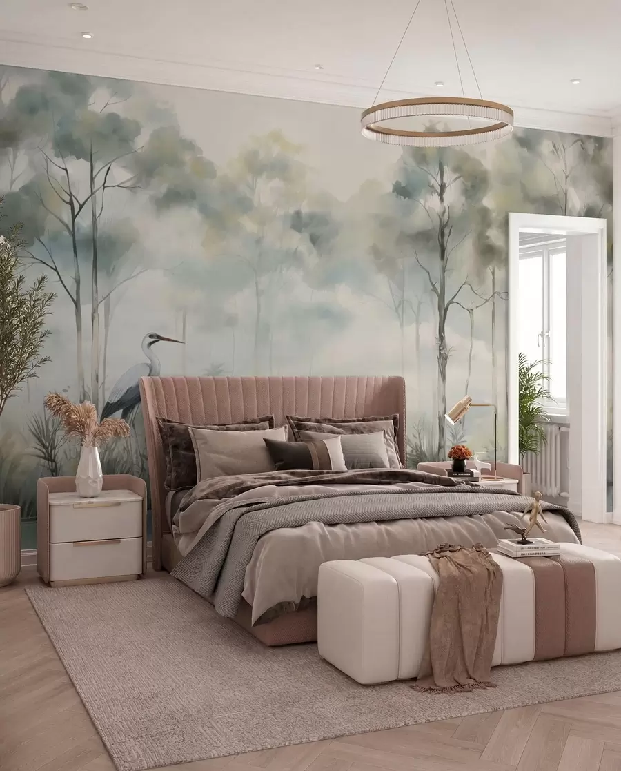 Papier peint Forêt brumeuse au bord de l'eau avec des hérons, palette douce et froide w04788