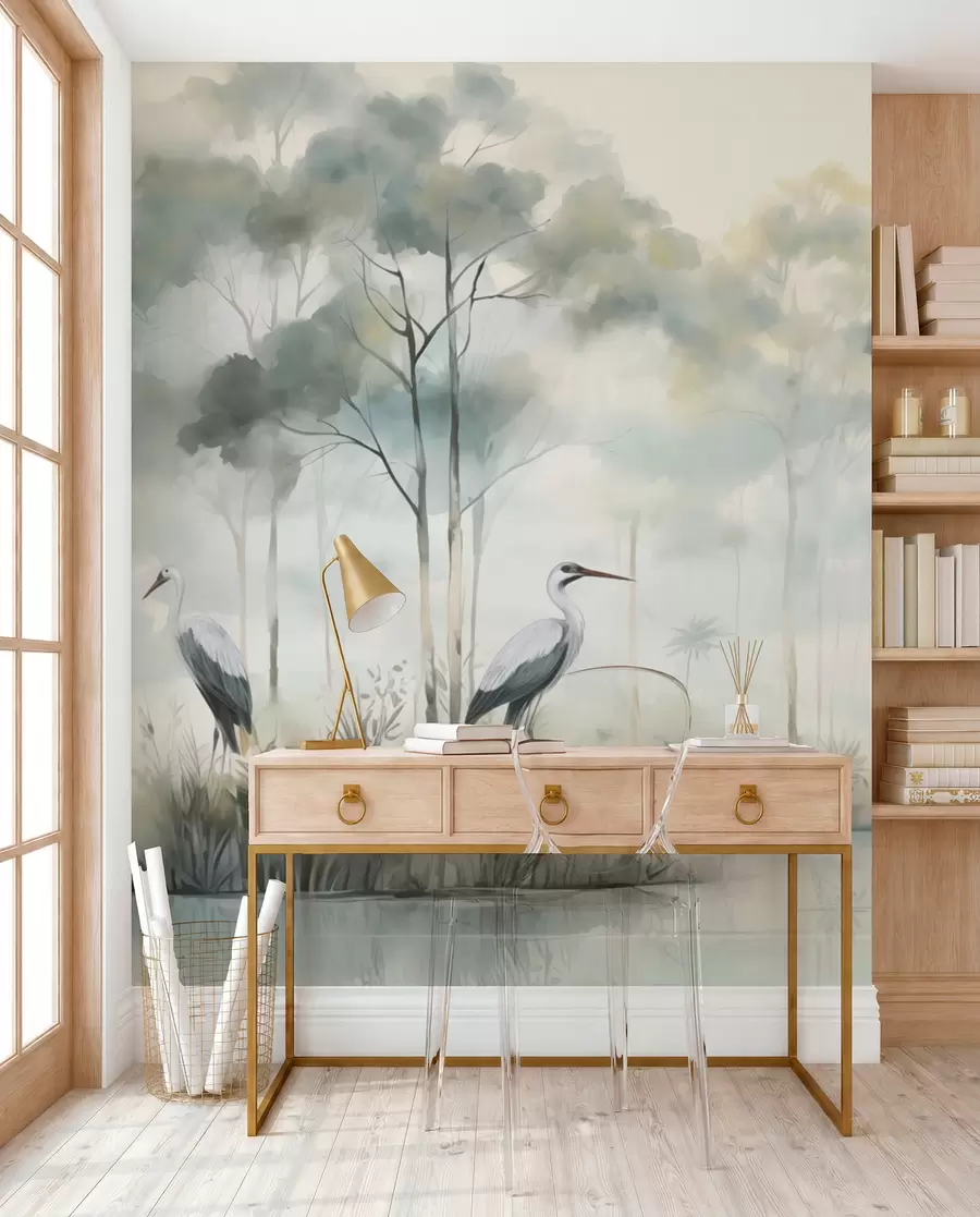 Papier peint Forêt brumeuse au bord de l'eau avec des hérons, palette douce et froide w04788