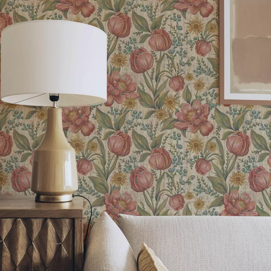 Papier peint Tulipes et asters vintage, fond crème texturé a00773