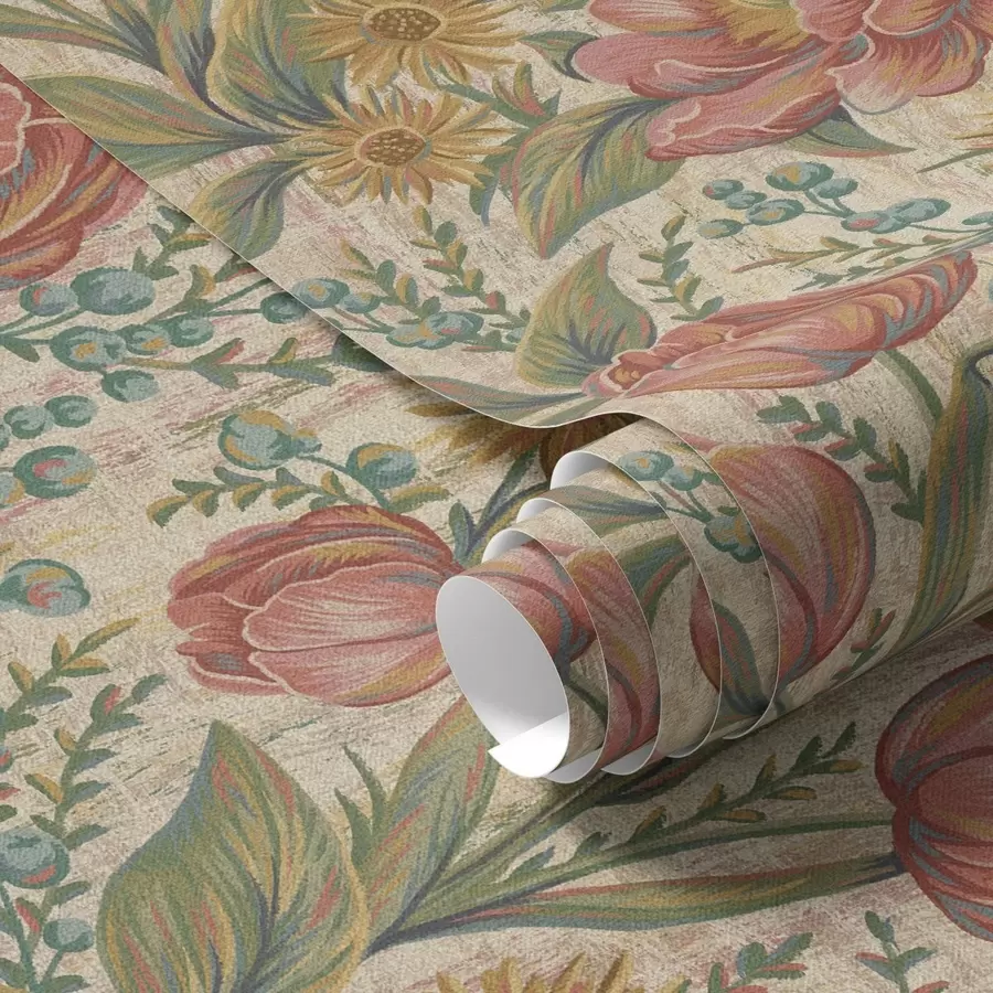 Papier peint Tulipes et asters vintage, fond crème texturé a00773