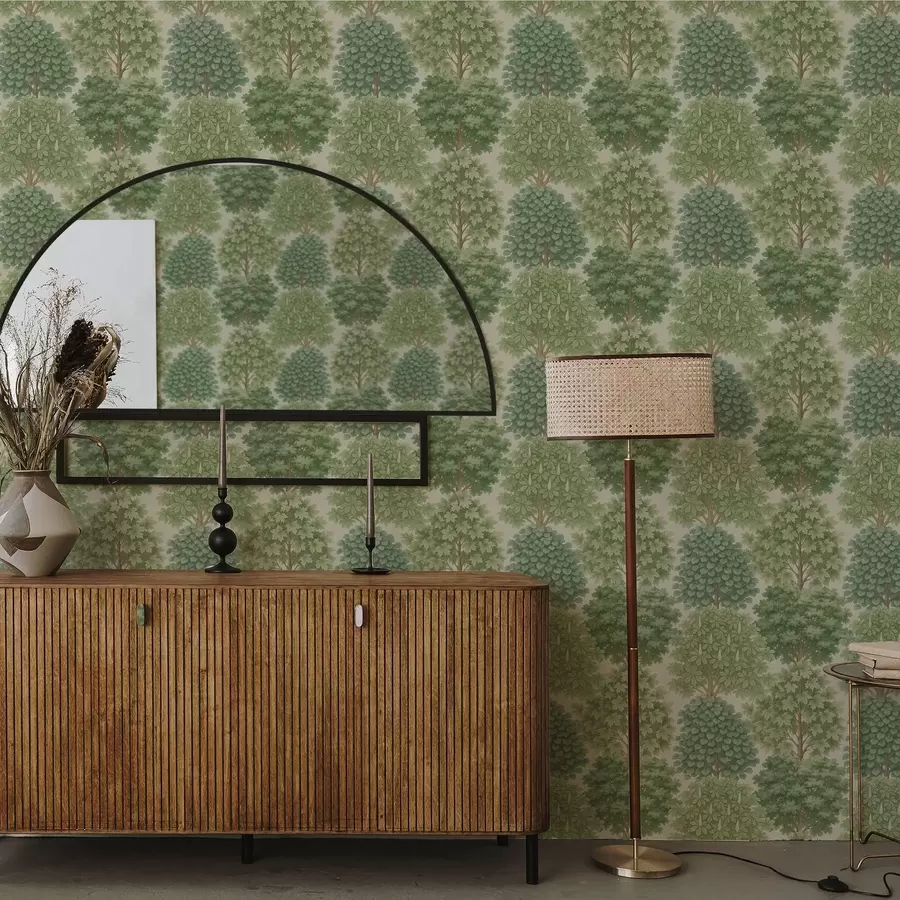 Papier peint Jardin arboré dans des tons verts doux sur un fond clair a00775