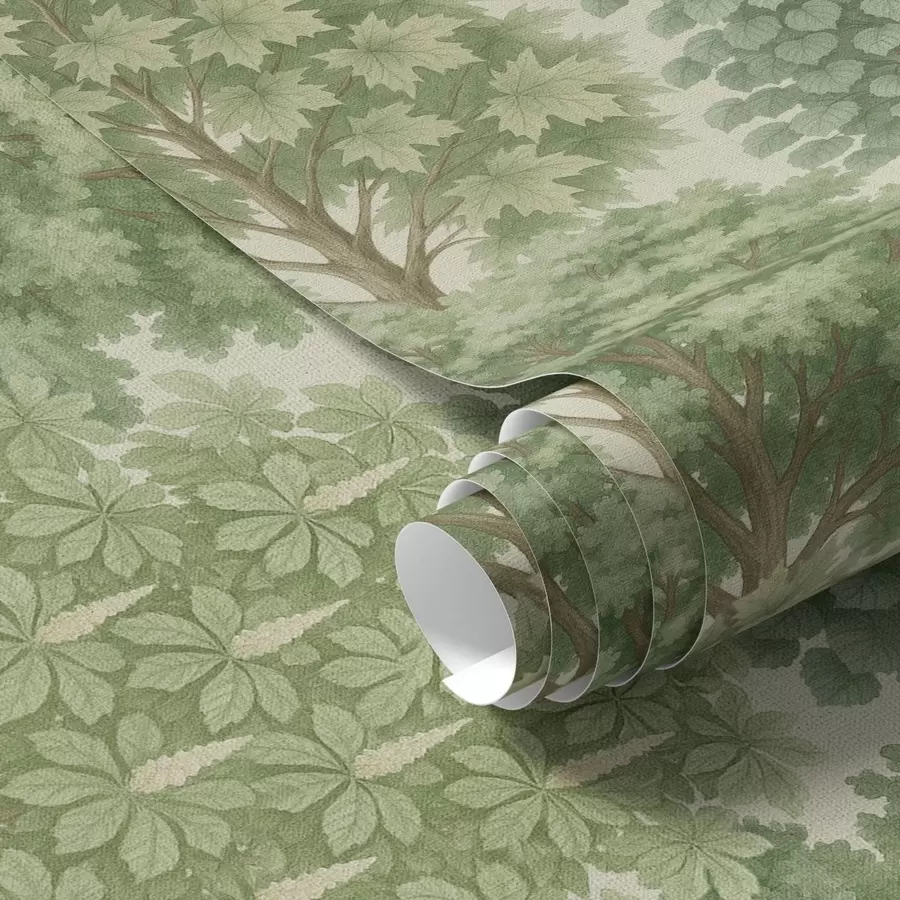 Papier peint Jardin arboré dans des tons verts doux sur un fond clair a00775