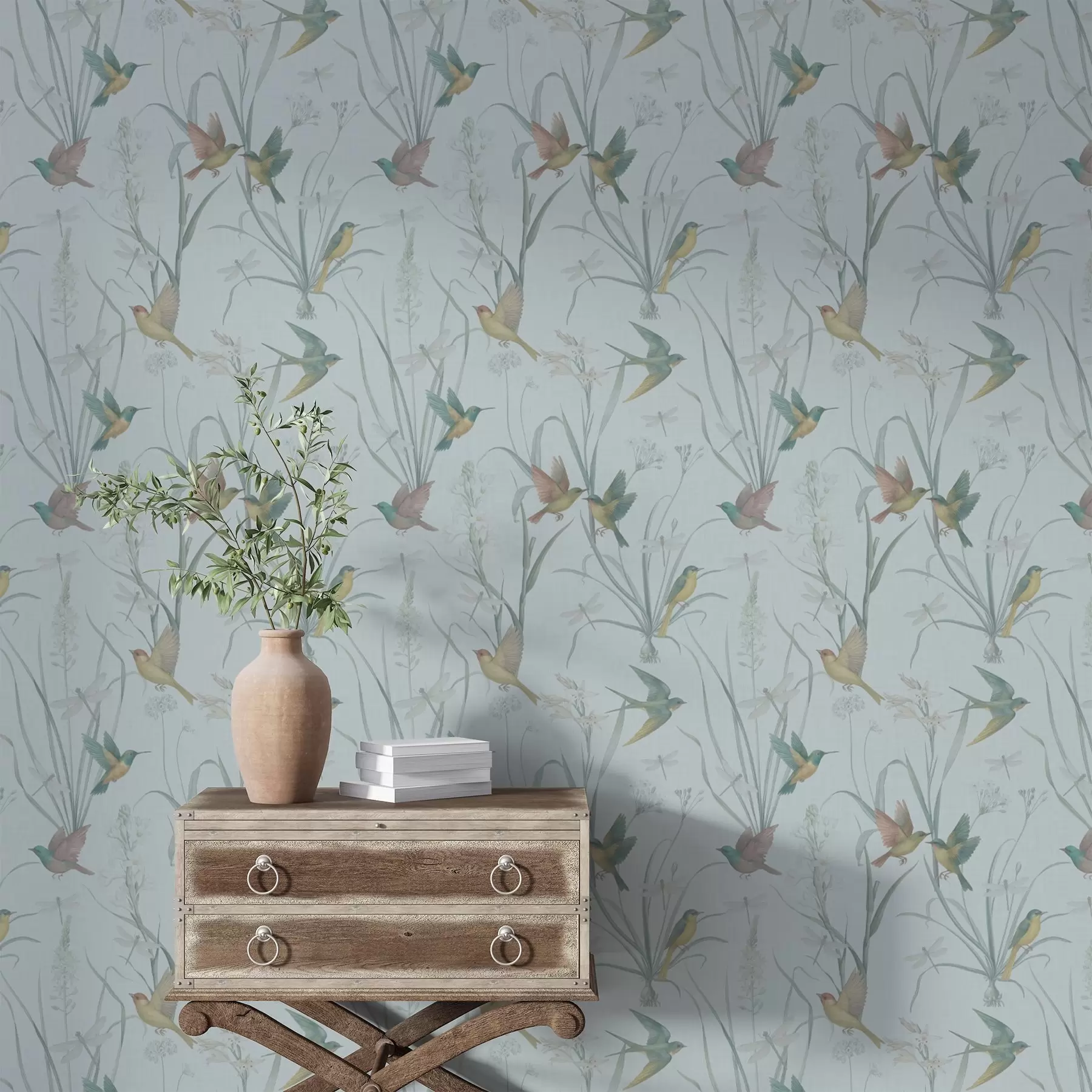 Papier peint Oiseaux parmi les herbes des prairies sur un sol gris-bleu a00776