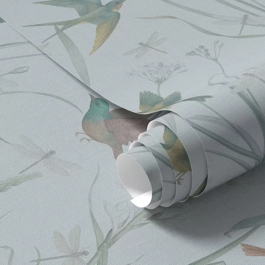 Papier peint Oiseaux parmi les herbes des prairies sur un sol gris-bleu a00776