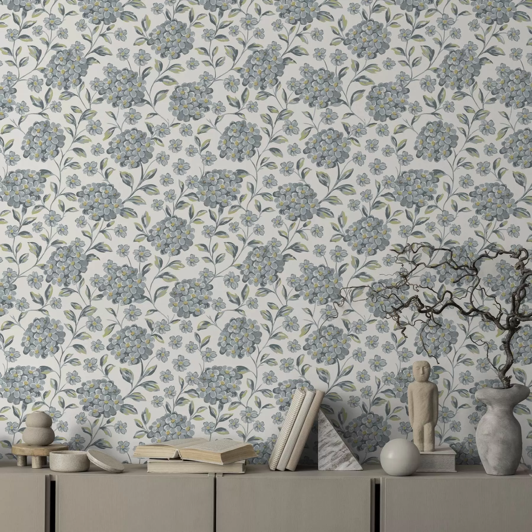 Papier peint Fleurs et feuilles touffues dans une palette gris-bleu a00778