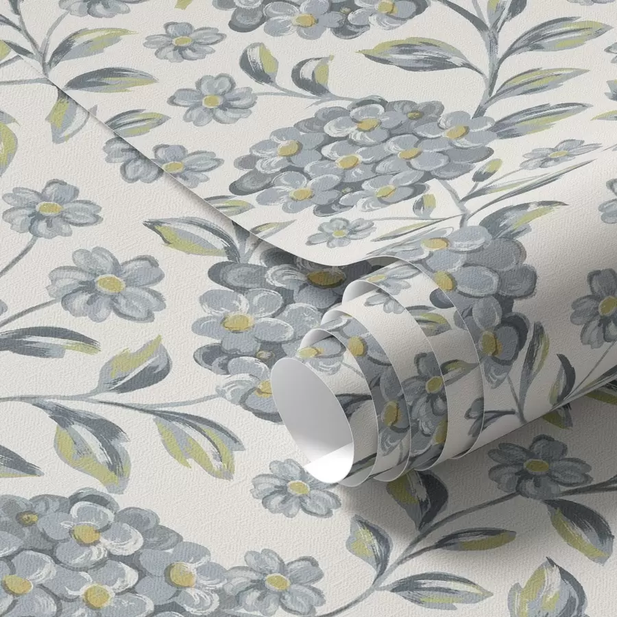 Papier peint Fleurs et feuilles touffues dans une palette gris-bleu a00778