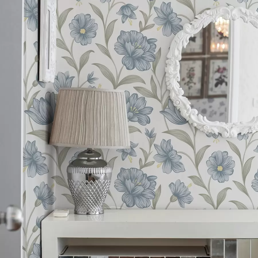 Papier peint Fleurs bleu poussiéreux avec feuilles d'olivier sur fond blanc a00780