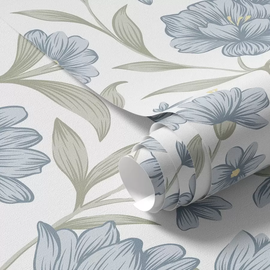Papier peint Fleurs bleu poussiéreux avec feuilles d'olivier sur fond blanc a00780