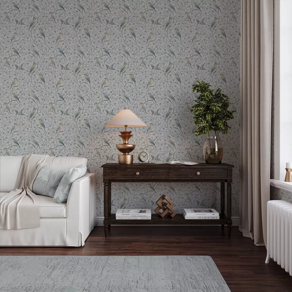 Papier peint Oiseaux sur des branches, palette gris-bleu a00782