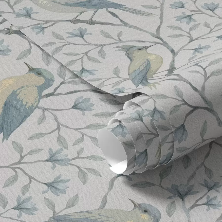 Papier peint Oiseaux sur des branches, palette gris-bleu a00782