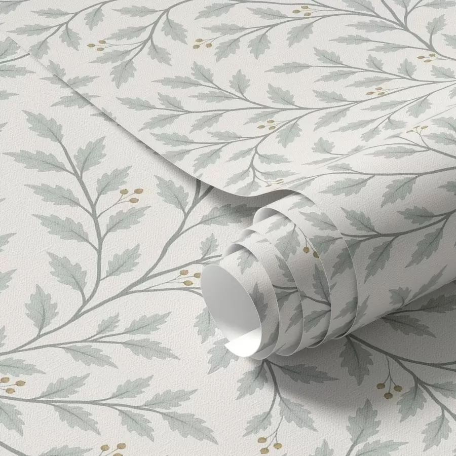 Papier peint Branches avec feuilles et baies, crème claire et sauge a00783