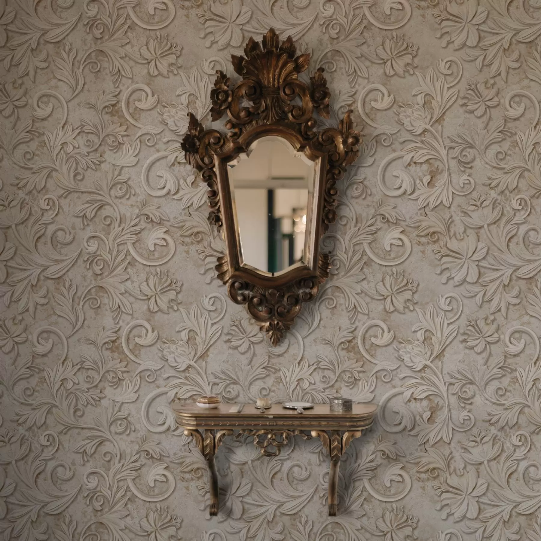 Papier peint Relief en pierre avec volutes florales, beige vintage a00784