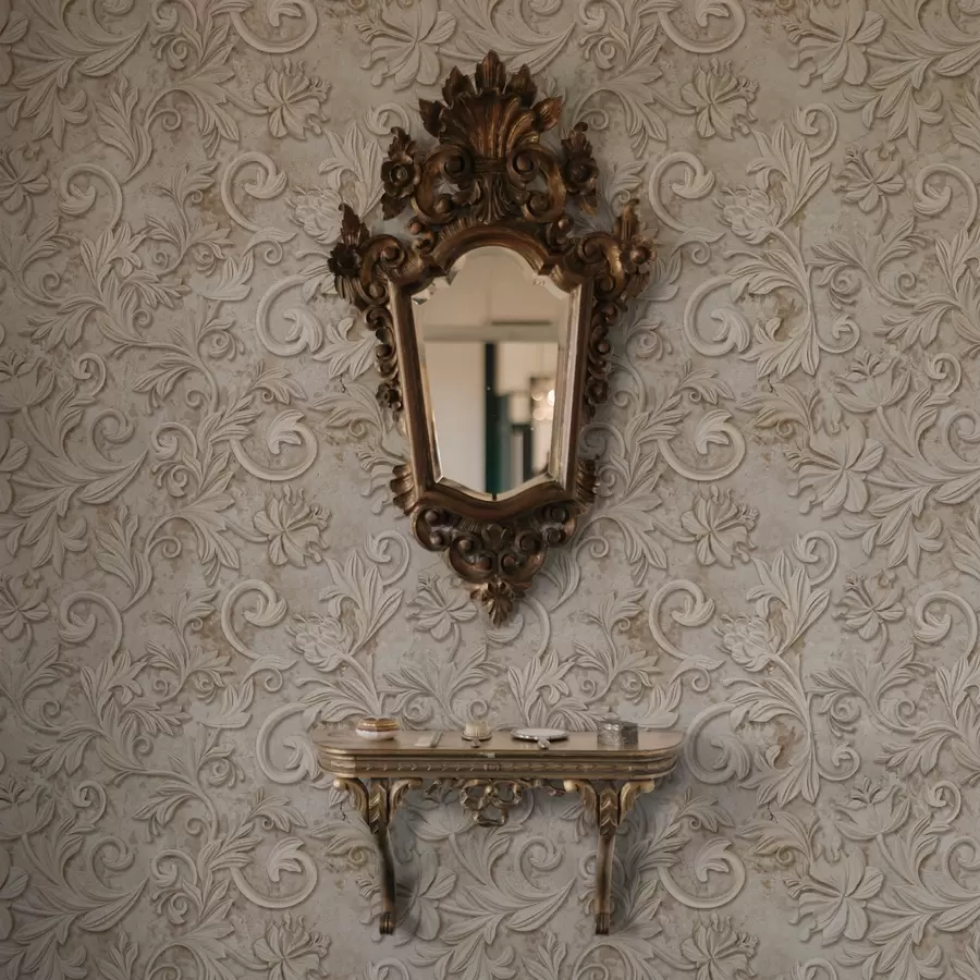 Papier peint Relief en pierre avec volutes florales, beige vintage a00784