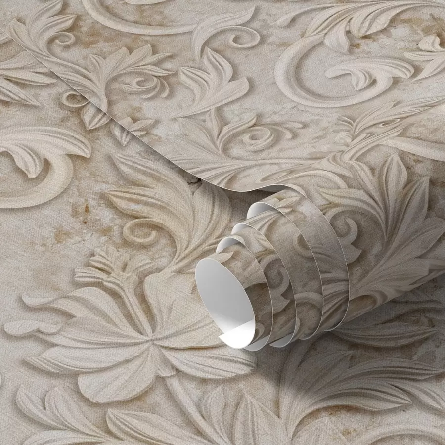 Papier peint Relief en pierre avec volutes florales, beige vintage a00784